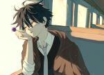  1boy black_hair brown_coat bungou_stray_dogs candy coat collared_shirt commentary_request edogawa_ranpo_(bungou_stray_dogs) elbow_rest food green_eyes grey_necktie hand_on_own_face highres holding holding_candy holding_food holding_lollipop lollipop male_focus messy_hair necktie one_eye_closed pinaaaa77 shirt short_hair sitting sleepy solo train_interior upper_body white_shirt 