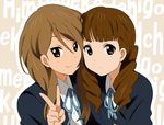  brown_eyes brown_hair extra k-on! long_hair multiple_girls school_uniform tachibana_himeko twintails v wakaouji_ichigo yamasaki_wataru 