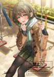  1girl adjusting_scarf black_cardigan black_pantyhose brown_coat brown_eyes brown_hair bush cardigan chain-link_fence coat commentary_request cropped_legs duffel_coat fence green_scarf green_skirt highres kukiha long_sleeves looking_at_viewer on_swing open_clothes open_coat open_mouth original outdoors pantyhose plaid_clothes plaid_skirt pleated_skirt railing scarf school_uniform short_hair signature sitting skirt smile solo swing 