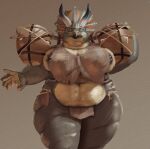 2_horns 5_fingers anthro areola areola_slip barrel belly big_belly big_breasts black_areola bottomwear breasts ceratopsian ceratopsid chasmosaurine clothing crop_top dinosaur eyes_closed facial_horn female female_anthro fingers grey_body holding_object horn huge_breasts huge_thighs humanoid_hands loincloth low-angle_view marginocephalian midriff navel non-mammal_breasts non-mammal_navel nose_horn open_mouth ornithischian overweight overweight_anthro overweight_female perotoart prehistoric_species reptile scalie shirt simple_background solo tan_body thick_thighs topwear triceratops