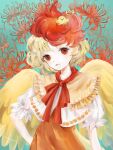  ! 1girl aqua_background baby_animal bird bird_wings blonde_hair capelet chick dress feathered_wings flower grin hand_on_own_hip highres light_blush medium_hair multicolored_hair natsuakari neckerchief niwatari_kutaka open_mouth orange_capelet orange_dress puffy_short_sleeves puffy_sleeves red_eyes red_hair red_neckerchief short_sleeves smile solo spider_lily touhou two-tone_hair upper_body white_sleeves wings yellow_wings 