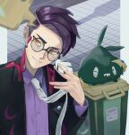  1boy akataniro arm_up coat collared_shirt commentary corbeau_(pokemon) head_tilt highres lapels layered_sleeves long_sleeves looking_at_phone looking_to_the_side male_focus necktie one_eye_closed open_clothes open_coat outdoors parted_hair parted_lips phone pokemon pokemon_(creature) pokemon_legends:_z-a purple_hair purple_shirt rotom rotom_phone selfie sharp_teeth shirt smile symbol-only_commentary teeth trash_can trubbish white_necktie wing_collar 
