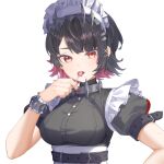  1girl absurdres aesice apron black_dress black_hair breasts candy chest_harness collar colored_inner_hair commentary_request dress ellen_joe fingernails food framed_breasts frilled_wrist_cuffs frills hair_ornament hairband hairclip harness high_collar highres holding holding_candy holding_food holding_lollipop lollipop lollipop_in_mouth looking_at_viewer maid maid_headdress medium_breasts metal_hairband metal_wrist_cuffs mole mole_on_arm mole_under_eye multicolored_hair nail_polish puffy_short_sleeves puffy_sleeves red_eyes red_hair red_nails sharp_fingernails short_hair short_sleeves simple_background solo spiked_collar spiked_hairband spikes underbust upper_body waist_apron white_apron white_background wrist_cuffs zenless_zone_zero 