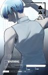  1boy aoyagi_touya arm_up bare_arms blue_hair commentary competitive_fire!_(project_sekai) earrings english_text film_grain from_behind glowing glowing_eye gradient_background grey_background hair_between_eyes highres jewelry lightning_bolt_earrings lightning_bolt_symbol looking_at_viewer looking_back male_focus mole mole_under_eye multicolored_hair natsukusa_(hacho129) no_jacket nose official_alternate_costume pants parted_lips profile project_sekai shirt short_hair sign simple_background sleeveless sleeveless_shirt solo turning_head two-tone_hair upper_body very_short_hair warning_sign white_background white_shirt 
