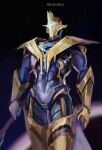  1boy adam_warlock adam_warlock_(cosmic_warlock) artist_name black_hole blurry blurry_background bodysuit commentary covered_abs cowboy_shot gold_gloves gold_helmet guardians_of_the_galaxy highres holding holding_wand male_focus marvel marvel_rivals muscular muscular_male official_alternate_costume preatorcaezar purple_bodysuit solo space wand 