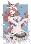  1girl :q absurdres animal_ears arm_under_breasts bandaged_arm bandaged_head bandaged_leg bandaged_torso bandages blue_background blue_eyes border breasts brown_hair choker closed_mouth commentary_request cowboy_shot ear_ornament ear_scrunchie frilled_skirt frills hair_between_eyes halloween_costume hand_on_own_arm heart highres horse_ears horse_girl horse_tail lace_trim large_breasts legs_apart long_hair looking_at_viewer midriff miniskirt mummy_costume navel official_alternate_costume outside_border purple_nails shijimi_(sijimi1917) simple_background skirt smile solo standing super_creek_(chiffon-wrapped_mummy)_(umamusume) super_creek_(umamusume) swept_bangs tail tareme tongue tongue_out torn_bandages torn_clothes umamusume very_long_hair white_border white_choker 