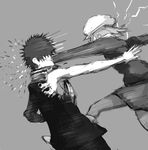  1girl bad_id bad_pixiv_id battle duel greyscale kamijou_touma misaka_mikoto mizuno_(soutaman) monochrome pantyhose punching to_aru_majutsu_no_index 