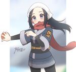  1girl :d akari_(pokemon) black_hair black_pantyhose blush cowboy_shot eyelashes floating_hair floating_scarf grey_eyes grey_jacket grey_skirt headscarf highres hisuian_poke_ball holding holding_poke_ball jacket logo long_hair mixed-language_commentary open_mouth pantyhose pocchan poke_ball pokemon pokemon_legends:_arceus red_scarf scarf sidelocks signature skirt smile solo 