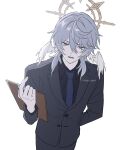  1boy aiga_ippai alternate_costume annoyed backlighting black_shirt black_suit blue_necktie clipboard collared_shirt commentary_request feathered_wings grey_hair halo head_wings highres holding holding_clipboard honkai:_star_rail honkai_(series) leaning_forward long_sleeves male_focus necktie open_mouth shirt short_hair sidelocks simple_background solo spiked_halo suit sunday_(honkai:_star_rail) white_background wings 
