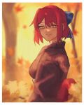  1girl absurdres blue_bow blush bow brown_kimono closed_mouth commentary english_commentary ezekquel hair_bow half_updo highres japanese_clothes kimono kohaku_(tsukihime) looking_at_viewer red_hair short_hair solo tsukihime 