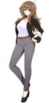  1girl belt black_jacket black_shoes blue_eyes breasts brown_hair commentary full_body grey_pants heel_up highres jacket jewelry kanemitsu411 large_breasts long_hair looking_at_viewer necklace original pants shirt shoes simple_background solo standing watch white_background white_shirt wristwatch 