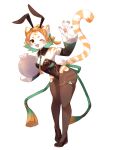  1girl bare_shoulders black_hairband black_leotard black_shoes black_sleeves breasts brown_eyes brown_pantyhose bunnimals chinese_clothes cleavage clover clover_hair_ornament colored_inner_hair detached_sleeves fake_tail flipped_hair full_body furry furry_female green_hair hair_bun hair_ornament hairband highres holding holding_tray jewelry kawarage_yatano leotard multicolored_hair official_art one_eye_closed orange_hair pantyhose pawpads playboy_bunny rabbit_tail second-party_source shoes short_hair single_hair_bun small_breasts solo striped_fur striped_tail tachi-e tail tassel tassel_hair_ornament thighlet tiger_girl transparent_background tray two-tone_hair waving white_fur xiaoju_(bunnimals) 