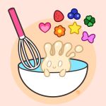  closed_mouth commentary_request flat_color flower_symbol food heart highres in_bowl in_container milcery mixing_bowl no_humans pokemon pokemon_(creature) pokemon_focus sasakinao simple_background smile solid_oval_eyes solo star_(symbol) sweets whisk white_eyes 