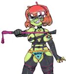 accessory antennae_(anatomy) anthro areola arm_warmers armwear barbell_piercing biped black_latex black_nails black_nipples bottomwear breasts choker clothing colored_nails cross eyes_closed eyewear female foursnail freckled_face freckled_shoulders freckles gastropod glasses green_body green_skin grin hair hair_accessory hairband holding_object holding_paddle holding_sex_toy jewelry latex latex_arm_warmers latex_armwear latex_bottomwear latex_clothing latex_topwear mollusk monotone_background nails necklace nipple_barbell nipple_piercing nipples orange_hair panties piercing pink_piercing selena_(foursnail) sex_toy sharp_nails sharp_teeth short_hair simple_background smile snail solo squish standing teal_areola teeth text text_on_clothing text_on_panties text_on_underwear thigh_squish topwear underwear wearing_glasses white_background