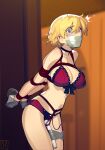  1girl arms_behind_back black_choker blonde_hair blue_eyes bra breasts cad_(caddo) choker collarbone darjeeling_(girls_und_panzer) gag gagged girls_und_panzer highres hitachi_magic_wand improvised_gag large_breasts looking_at_viewer navel panties purple_bra purple_panties sex_toy shibari skindentation solo standing stomach tape tape_gag taped_hands underwear vibrator 