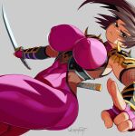  1girl abs absurdres arm_guards armor black_eyes bodysuit breasts brown_hair closed_mouth commentary covered_nipples cowboy_shot dutch_angle english_commentary fishnets frown glaring grey_background highres holding holding_sword holding_weapon impossible_bodysuit impossible_clothes kodachi kuji-in large_breasts looking_at_viewer medium_hair ninja purple_bodysuit short_sword shoulder_armor signature simple_background skin_tight sleeveless sleeveless_bodysuit solo soulcalibur sword sword_on_back taki_(soulcalibur) thick_thighs thighs toned toned_female v-shaped_eyebrows weapon weapon_on_back werfmight wrist_guards 