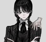  1girl akai_ringo_(eveyuno) black_eyes black_hair black_necktie braid closed_mouth collared_shirt commentary_request highres jacket long_hair looking_at_viewer necktie nevermore_academy_school_uniform school_uniform severed_hand shirt solo striped_clothes striped_jacket the_addams_family thing_(the_addams_family) twin_braids wednesday_(netflix) wednesday_addams white_shirt 
