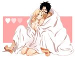  1girl ance beard black_hair blanket blush breasts couple facial_hair freckles gol_d_roger green_eyes heart hetero hug hug_from_behind large_breasts long_hair mustache naked_sheet nude one_piece portgas_d_rouge smile 