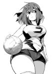  1girl blush breasts commentary_request cowboy_shot elbow_pads girls_und_panzer headband highres kondou_taeko large_breasts looking_at_viewer medium_hair monochrome ooarai_volleyball_uniform shiiba_aki shirt short_shorts shorts sleeveless sleeveless_shirt smile solo sportswear volleyball volleyball_uniform white_background 