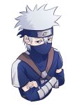  1boy aged_down arm_guards black_eyes closed_mouth commentary_request crossed_arms detached_sleeves forehead_protector grey_hair hair_between_eyes hatake_kakashi highres konohagakure_symbol looking_at_viewer male_focus mask mouth_mask naruto_(series) ray_kks99 shirt solo upper_body white_background 