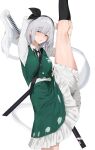  1girl 258n :o black_bow black_bowtie black_socks bloomers blue_eyes blunt_bangs blush bow bowtie breasts frills green_skirt green_vest hairband highleg highres katana konpaku_youmu konpaku_youmu_(ghost) leg_up legs long_sleeves looking_at_viewer medium_hair parted_lips shirt skirt small_breasts socks solo standing standing_on_one_leg sword thighs touhou vest weapon white_background white_bloomers white_hair white_shirt 