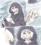  aerith_gainsborough bervens12 black_robe blonde_hair blue_eyes brown_hair cloud_strife final_fantasy final_fantasy_vii final_fantasy_vii_rebirth final_fantasy_vii_remake hair_between_eyes hair_over_eyes highres holding holding_photo hood hood_up hooded_robe light_frown lightning looking_at_object male_focus parted_lips photo_(object) pink_ribbon ribbon robe selfie short_hair 