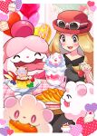  1girl :d absurdres balloon blonde_hair blurry blurry_foreground blush cherry collared_shirt commentary_request dessert eyewear_on_headwear food fruit happy hat heart highres holding jigglypuff long_hair looking_down open_mouth plate pokemon pokemon_(creature) pokemon_xy pon_yui red_hat serena_(pokemon) shirt slurpuff smile sunglasses swirlix table tongue 