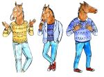 anthro black_mane blue_bottomwear blue_clothing blue_jeans blue_pants blue_sweater blue_topwear bojack_horseman bojack_horseman_(character) bottomwear brown_body brown_fur clothing concept_art denim denim_bottomwear denim_clothing eating eating_food equid equine footwear full-length_portrait fur grey_clothing grey_jacket grey_topwear hi_res horse humanoid_hands jacket jeans lisa_hanawalt male mammal mane multiple_poses netflix painting_(artwork) pants portrait pose red_clothing red_footwear red_shoes red_sneakers shoes simple_background sneakers snout solo sweater three-quarter_portrait topwear watercolor_(artwork) white_background yellow_clothing yellow_sweater yellow_topwear