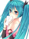  aqua_eyes aqua_hair aqua_nails bad_id bad_pixiv_id bracelet envelope hair_ribbon hatsune_miku jewelry long_hair nail_polish niduca_(hio_touge) ribbon simple_background solo twintails very_long_hair vocaloid 