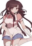  1girl apron bandaged_arm bandaged_leg bandages bandaid bandaid_on_knee bandaid_on_leg black_hair blush breasts collared_shirt commentary_request danganronpa_(series) danganronpa_2:_goodbye_despair highres large_breasts long_hair looking_at_viewer mi_shengwu_3.2_hao mole mole_under_eye pink_shirt puffy_short_sleeves puffy_sleeves shirt short_sleeves skirt solo tsumiki_mikan white_apron 