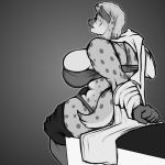  anthro big_breasts bra breasts clothed clothing dickgirl greyscale huge_breasts humanoid_penis hyaenid intersex mammal monochrome nolollygagging pants_down partially_clothed penis sitting solo spotted_hyena underwear undressing 