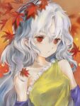  1girl autumn_leaves bare_shoulders blue_sleeves breasts closed_mouth detached_sleeves dress grey_hair highres leaf long_hair looking_to_the_side looking_up maple_leaf medium_breasts natsuakari orange_background red_eyes sakata_nemuno solo touhou upper_body yellow_dress 
