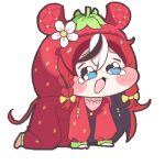 1girl ahoge all_fours animal_ear_fluff animal_ears black_hair black_streaks blue_eyes blush blush_stickers braid cafelittle chibi commentary crying double-parted_bangs food fruit hair_between_eyes hakos_baelz hakos_baelz_(strawberry_onesie) hololive hololive_english hood hooded_pajamas lowres meme mouse_ears mouse_tail multicolored_hair onesie open_mouth pajamas red_hair red_pajamas speakiposting_(meme) strawberry tail virtual_youtuber wavy_eyes white_background white_hair 