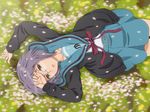  brown_eyes cardigan flower glasses grey_hair kita_high_school_uniform lying nagato_yuki okamura_hijiki open_mouth school_uniform serafuku short_hair solo suzumiya_haruhi_no_yuuutsu 