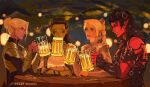  4girls alcohol armor baldur's_gate baldur's_gate_3 beer_mug black_hair black_horns blush closed_eyes colored_skin commentary cup dark_elf drinking dungeons_&amp;_dragons elf gith_(d&amp;d) green_eyes green_skin grin hair_bun highres holding holding_cup horns kanaewit karlach lae'zel minthara mug multiple_girls muscular muscular_female open_mouth pointy_ears profile purple_skin red_skin shadowheart_(baldur's_gate) smile table tiefling twitter_username white_hair 