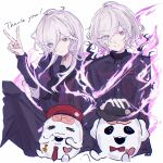  1boy 1girl black_hat black_jacket black_neckerchief black_sailor_collar black_serafuku bow bowtie brain closed_eyes commentary_request dual_persona eyes_visible_through_hair fire gakuran genderswap genderswap_(mtf) glowing_veins grin hair_over_one_eye hat heart heterochromia highres jacket long_hair long_sleeves looking_at_viewer mero_(merope_hika) neckerchief nigou_(hundred_line) open_mouth pink_eyes pink_fire red_bow red_bowtie red_hat sailor_collar school_uniform serafuku shion_(hundred_line) short_hair sirei_(hundred_line) smile thank_you the_hundred_line_-last_defense_academy- v white_background white_eyes white_hair 