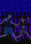  2boys aged_down antenna_hair black_eyes black_hair black_tank_top blue_shorts closed_mouth commentary_request dark-skinned_male dark_skin double-parted_bangs fence grey_shorts hair_behind_ear highres holding_another's_wrist jash_(omori) kel_(faraway)_(omori) kel_(omori) looking_at_another male_focus missing_tooth msdnno_kabe multiple_boys night omori open_mouth outdoors picket_fence shirt shorts sky smile star_(sky) starry_sky sunny_(omori) t-shirt tank_top teeth wooden_fence 