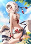  1girl absurdres azur_lane beach bikini bikini_skirt black_bikini black_hairband blush bon_homme_richard_(azur_lane) bon_homme_richard_(meta)_(azur_lane) breasts commentary_request commission curious day from_behind from_below from_side full_body hair_over_one_eye hairband highleg highleg_bikini highres jfzm001 looking_at_viewer looking_back looking_down ocean on_ground outdoors palm_tree partial_commentary pixiv_commission red_eyes sitting small_breasts solo surprised swimsuit tree wavy_mouth white_hair 