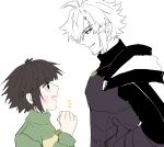  1boy 1other :d absurdres age_difference alternate_universe antenna_hair armor black_eyes black_sweater blunt_bangs bright_pupils brown_hair buttons cape chara_(undertale) child chinese_commentary clenched_hand colored_skin commentary_request dual_persona eye_contact facial_hair flipped_hair from_side gauntlets gold_necklace green_sweater grin hanbaobaobaozhu hand_on_own_hip hand_up heart heart_necklace highres jewelry long_sleeves looking_at_another looking_down looking_up necklace no_pupils notice_lines open_mouth profile puffy_long_sleeves puffy_sleeves purple_armor short_hair sidelocks simple_background smile sweater teeth turtleneck turtleneck_sweater two-tone_sweater undertale upper_body upper_teeth_only utdr_(toby_fox) white_background white_cape white_hair white_pupils white_skin xtale yellow_sweater 