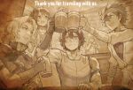  2girls 3boys absurdres beer_mug cancanbaobao55 cloak closed_eyes collared_shirt commentary_request cup english_text hair_between_eyes hand_to_own_mouth highres holding holding_cup jewelry laurana_(octopath_traveler) long_hair ludo_(octopath_traveler) maid_headdress mug multiple_boys multiple_girls necklace octopath_traveler octopath_traveler:_champions_of_the_continent octopath_traveler_0 open_mouth parted_bangs parted_lips phenn_(octopath_traveler) sepia shirt shirt_under_dress short_hair single_shoulder_pad sketch smile stia_(octopath_traveler) tavern toasting_(gesture) updo veil vest wavy_hair zero_(octopath_traveler) 