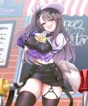  1girl :d absurdres arm_support arm_under_breasts azur_lane black_ribbon black_skirt blush breast_rest breasts brown_hair commentary_request crop_top cropped_hoodie day fang fox_tail garter_straps gradient_hair hair_ornament hair_over_one_eye hair_ribbon hairclip hat heart heart_o-ring highres hip_focus hood hoodie kokonoe910 large_breasts long_hair medium_breasts miniskirt multicolored_hair navel o-ring o-ring_garter_straps outdoors pamiat_merkuria_(azur_lane) pamiat_merkuria_(chic_and_cheeky)_(azur_lane) pink_eyes purple_hair ribbon side_ponytail single_garter_strap skindentation skirt smile smug solo tail thighhighs thighs very_long_hair white_hat x_hair_ornament 