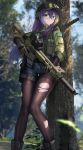  1girl absurdres alina_svard_kovalenko_(laotianaviator) assault_rifle black_pantyhose blue_eyes blue_shorts blurry blush camouflage camouflage_shirt commentary commission depth_of_field elcan_scope english_commentary frown glasses gloves goggles goggles_on_headwear gun hair_between_eyes hat heterochromia highres laser_sight leggings long_hair looking_at_viewer molle_vest multicolored_hair original outdoors pantyhose purple_hair radio rifle sako_m23 scar scar_on_face shirt short_shorts shorts sleeves_rolled_up solo sthk swedish_flag torn_clothes torn_leggings tree trigger_discipline weapon yellow_eyes 