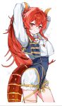  1girl arms_behind_head arms_up blush bow bowtie bracelet breasts commentary_request cowboy_shot crop_top crop_top_overhang dola_(nijisanji) dragon_girl dragon_horns dragon_tail frills gold_trim gradient_horns hair_between_eyes highres horns idol_clothes jewelry large_breasts layered_shirt long_hair long_sleeves looking_at_viewer momofugu multicolored_horns nijisanji nijisanji_idol_uniform orange_horns red_eyes red_hair red_horns ribbon shirt shorts simple_background smile solo tail tassel tying_hair very_long_hair virtual_youtuber white_ribbon white_shirt 