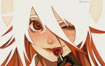  1girl artist_name black_gloves borcheim candy close-up closed_mouth commentary earrings english_commentary eyelashes food gloves guilty_gear guilty_gear_strive hair_between_eyes halo highres holding holding_candy holding_food holding_lollipop jack-o'_valentine jewelry lips lollipop long_hair looking_at_viewer multicolored_hair one_eye_closed red_eyes red_hair single_earring smile solo tongue tongue_out two-tone_hair white_hair 