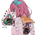  1girl aubrey_(faraway)_(omori) aubrey_(omori) bandaid bandaid_on_face bandaid_on_nose blue_eyes blue_hairband closed_mouth commentary english_commentary from_behind hairband jacket long_hair looking_at_viewer o_oquo omori pink_hair short-sleeved_jacket short_sleeves sidelocks simple_background solo translation_request upper_body white_background white_jacket 