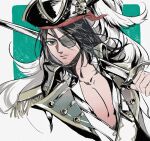  1boy beard_stubble black_hair border collared_shirt eren_yeager eyepatch facial_hair green_background green_eyes hashtag-only_commentary hat hat_ornament highres kazami_1869 male_focus medium_hair over_shoulder pectorals pirate_costume pirate_hat shingeki_no_kyojin shirt skull_hat_ornament solo stubble sword sword_over_shoulder tricorne upper_body weapon weapon_over_shoulder white_border white_shirt 