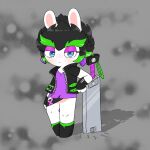 1:1 2024 3_fingers amethyst_(gem) anthro belt belt_buckle bent_arm black_boots black_clothing black_footwear black_gloves black_hair black_handwear black_jacket black_topwear blue_eyes blush boots buckle clothed clothed_anthro clothed_female clothing colored cracked_ground crossover digital_drawing_(artwork) digital_media_(artwork) ear_piercing edge_(mario_plus_rabbids) english_description eyebrows eyelashes featureless_crotch female female_anthro fingerless_gloves fingers footwear full-length_portrait fur gem gloves green_belt green_eyebrows green_hair grey_background hair half-closed_eyes handwear hi_res jacket lagomorph leaning_on_object leaning_on_sword light lighting long_ears looking_at_viewer mammal mario_bros mario_plus_rabbids_sparks_of_hope melee_weapon mouth_closed multicolored_hair narrowed_eyes nintendo noseless open_belt open_clothing open_jacket open_topwear pantsless_anthro pantsless_female peypey_mei1925 piercing portrait purple_clothing purple_ear_piercing purple_eyelids purple_shirt purple_topwear rabbid raving_rabbids rayman_(series) shaded shirt shoes simple_background solo sparkles standing straight_leg sword tan_body tan_inner_ear tan_skin thick_eyebrows topwear torn_clothing torn_shirt torn_topwear two_tone_hair ubisoft weapon white_body white_fur