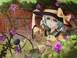  1girl black_hat blurry bow breasts bush collared_shirt commentary_request depth_of_field eyeball flower frilled_shirt_collar frilled_sleeves frills green_eyes green_hair green_skirt hat hat_bow highres komeiji_koishi looking_at_viewer open_mouth outdoors plant purple_flower purple_rose rose shirt skirt small_breasts solo third_eye thorns touhou vines wide_sleeves wrainman yellow_bow yellow_shirt 
