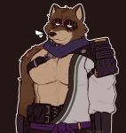 anthro ashtrisks blind brown_body brown_fur canid canine clothed clothed_anthro clothed_male clothing colored disability epic_games eye_scar facial_scar fortnite fur hajime_(fortnite) male mammal multicolored_body multicolored_fur muscular muscular_anthro muscular_male raccoon_dog scar signature solo tan_body tan_fur tanuki two_tone_body two_tone_fur