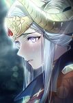  1girl blonde_hair blurry blurry_background blush cape close-up closed_mouth collared_cape commentary_request crying crying_with_eyes_open double_bun dress edelgard_von_hresvelg edelgard_von_hresvelg_(timeskip) fake_horns fire_emblem fire_emblem:_three_houses from_side hair_bun hair_up headpiece highres horns looking_down official_alternate_costume outdoors pink_lips purple_eyes red_cape red_dress sad shade solo soma_otakuu standing tears upper_body 